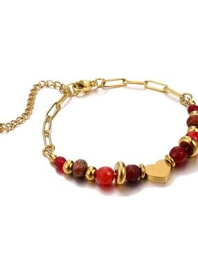Beautiful Gold Heart Red Beaded Chain Bracelet